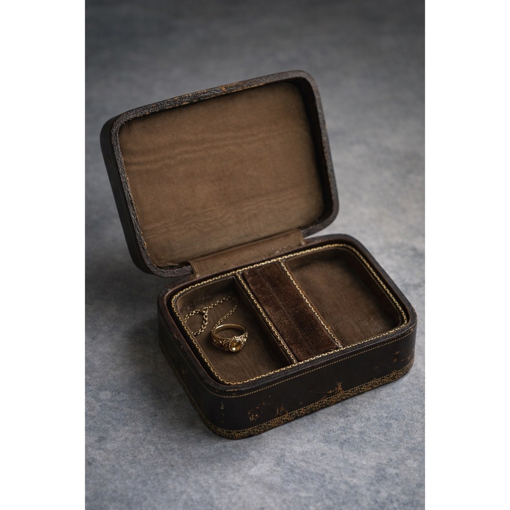 Vintage Italian Leather Jewelry Case Travel Vanity Box Gold Tooled